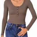 Women's Long Sleeve Crop Tops Casual Button Scoop Neck Ribbed Knit Henley Shirts size large