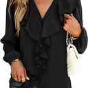 Vrtige Women's V Neck Long Sleeve Ruffle Front Button Down Blouse Shirt Top (Black, S)