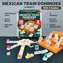 Queensell Mexican Train Dominoes Set Double 15 with 8 Holders - Wooden Hub and Tiles Holders - Double 15 with Dots (D15 + 8 Holders)