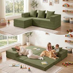 65" Modular Sectional Sofa, Boneless Convertible Sleeper Sofa Bed, Modern Tri-Folding Cloud Couch with L-Shape Chaise, Corduroy Futon Couches for Small Spaces Apartment,No Assembly,Green