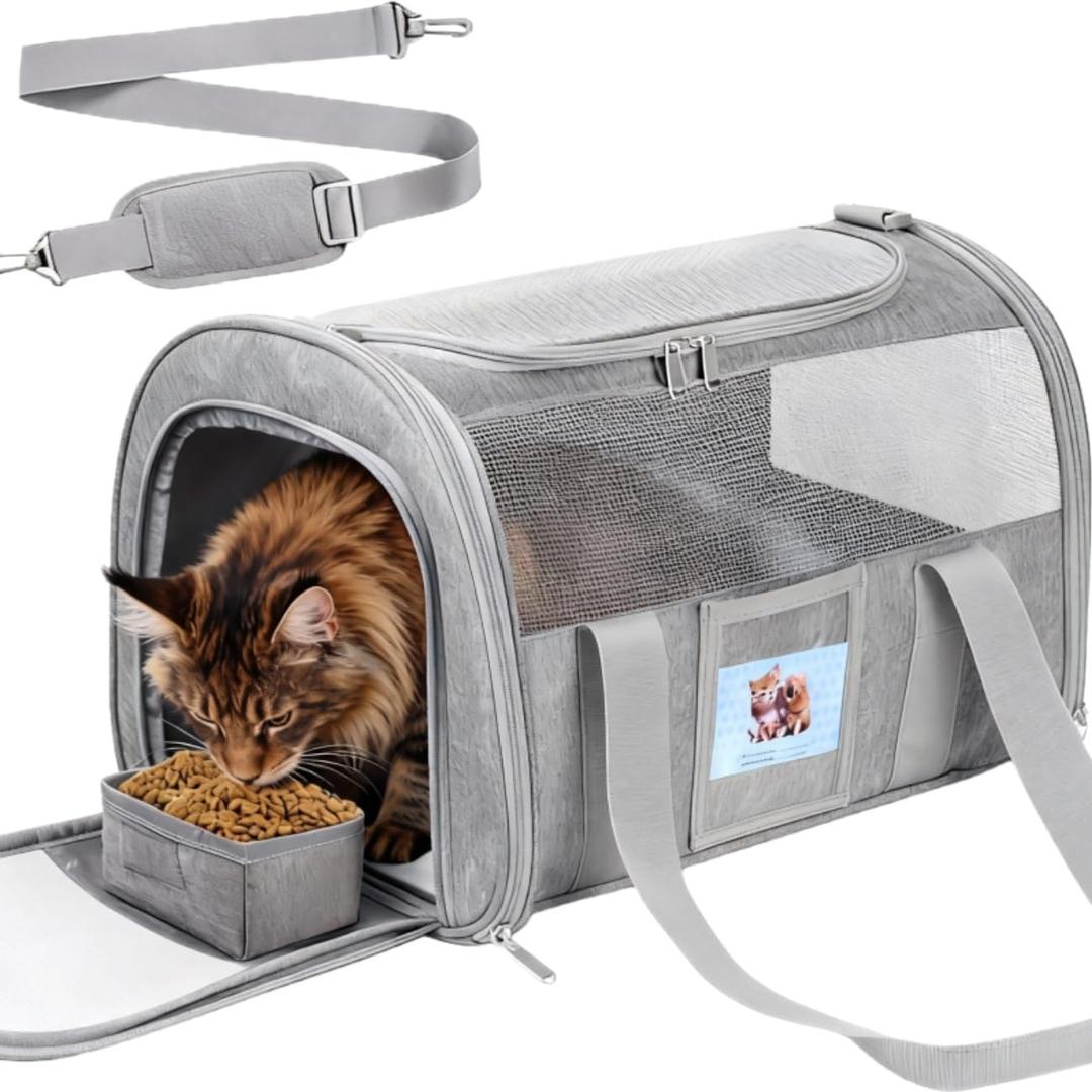 Soft Cat Carrier for Pets Up to 15 lbs, TSA Approved for Airline in-Cabin, Cat Travel Bag with Detachable Cat Food Bowl, Pet Carriers for Small Dogs, Waterproof Travel Puppy Carry, Gray