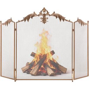 BEAMNOVA Fireplace Screen, Gold, 50 x 32 in, Fringed Iris Décor