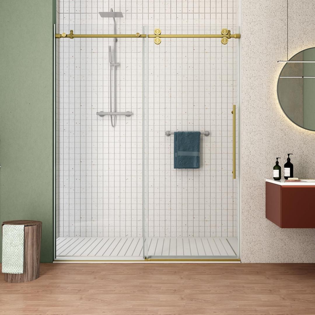 Sunrosa Frameless Shower Door, 44-48" W x 76" H Sliding Shower Door with Handle, Glass Shower Door with 5/16" (8 mm) Clear SGCC Tempered Glass, Brushed Gold