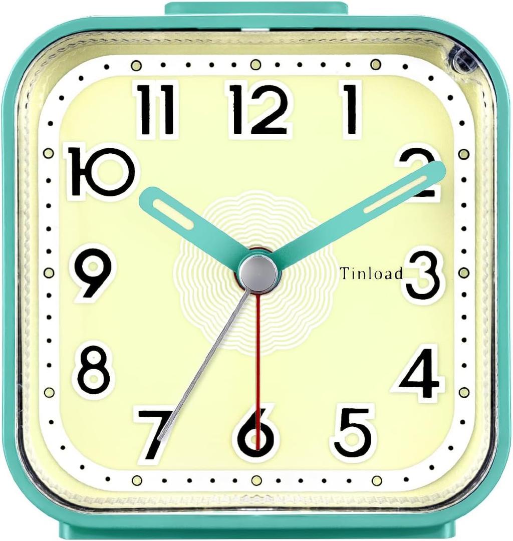 Small Analog Alarm Clock Silent Non Ticking, Ascending Beep Sounds, Snooze,Glow in Dark dial, Manual Light, Battery Operated (Green)