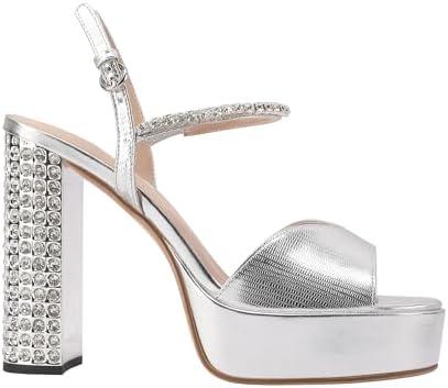 JANSEVEN Rhinestone Sandals Women Crystal Heels Platform Chunky Heel Ankle Strap Sparkling Sandals Peep Toe Sexy Dress Bridal Wedding Party Shoes 7.5