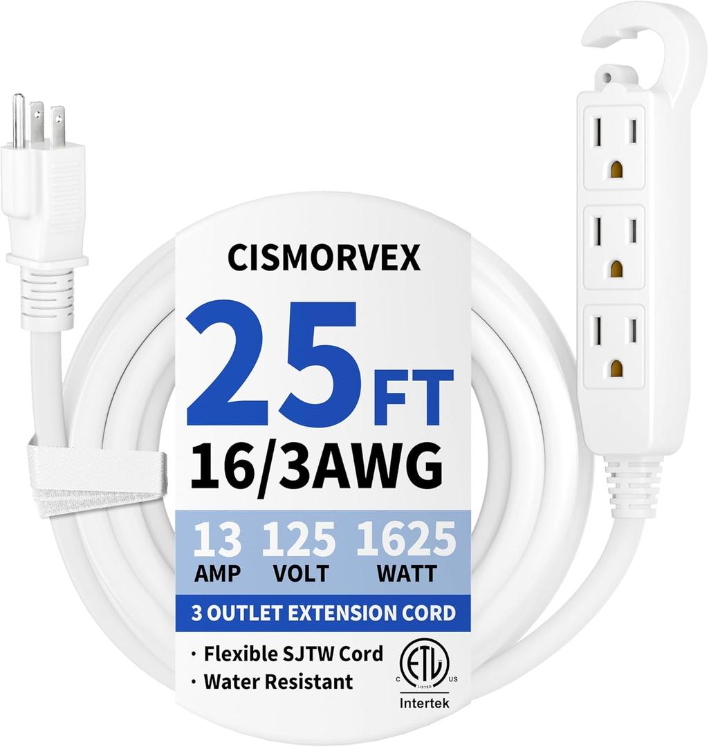 25 Ft 3 Outlet Outdoor Extension Cord Waterproof, Grounded Extension Cord with Multiple Outlets, 16/3 AWG 3 Prong Power Strip for Garden, Patio, Camping, 13A 125V 1625W, ETL Listed, White