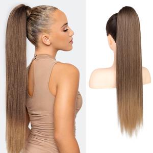 Flufymooz ponytail extension, 26 Inch Long Straight Drawstring Ponytail Synthetic Hairpieces Fake Pony Tails Natural Soft Clip in Hair Extension Pony Tail for Women (Chocolate Brown to Light Brown)