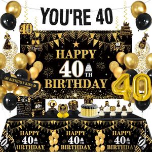 40th Birthday Decorations for Men, Happy 40th Birthday Decorations Include NO-DIY Banner Backdrop Hanging Swirls Tablecloth Honeycomb Centerpieces Balloons Sash, Vintage 40th Birthday Decor