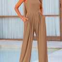 PRETTYGARDEN Womens Summer Jumpsuits Dressy Casual One Piece Outfits Sleeveless Mock Neck Wide Leg Pants Rompers with Pockets (Brown, S)