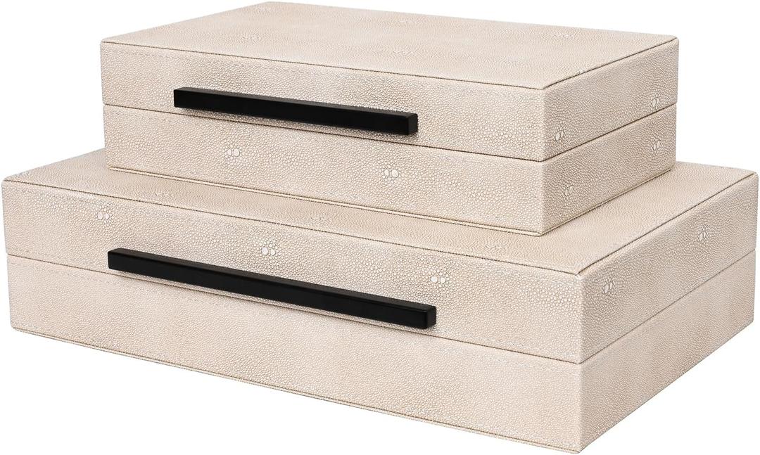Large Decorative Storage Box with Lid - Modern Ivory Shagreen Leather Jewelry Organizer Box, Stackable Home Decor Box for Bedroom, Bathroom & Office (Pack of 2)
