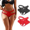ohyeahlady Women Naughty Underwear Cut Out Briefs Crotchless Panties Breathable Cheeky Hipster Comfortable Panties (2pcs-black/Red, XL)