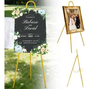 52" Gold Easel Stand for Wedding Sign, Adjustable Height Levels, Lockable at Any Height, 3 Display Modes, Heavy Duty Art Easel for Wedding, Draw Pictures, Art Gallery & Shop Promotion