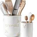 LE TAUCI Utensil Holder for Kitchen Counter - 6.9"+5.3" Ceramic Kitchen Utensil Holder Set of 2, Large Cooking Utensil Crock & Organizer for Spatula, Spoon - Embossed Kitchen Decor, White, Bee