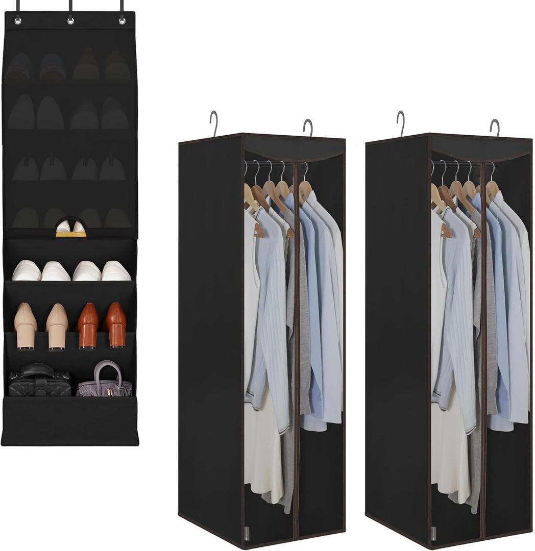 STORAGE MANIAC Over Door Shoe Organizer with Curtain + 2-Pack Hanging Garment Bag