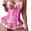 Lingerie Sets for Women Sexy Rave Outfits Lace Up Corset Bodysuit with Garter 2 Piece (Medium, Hot Pink)