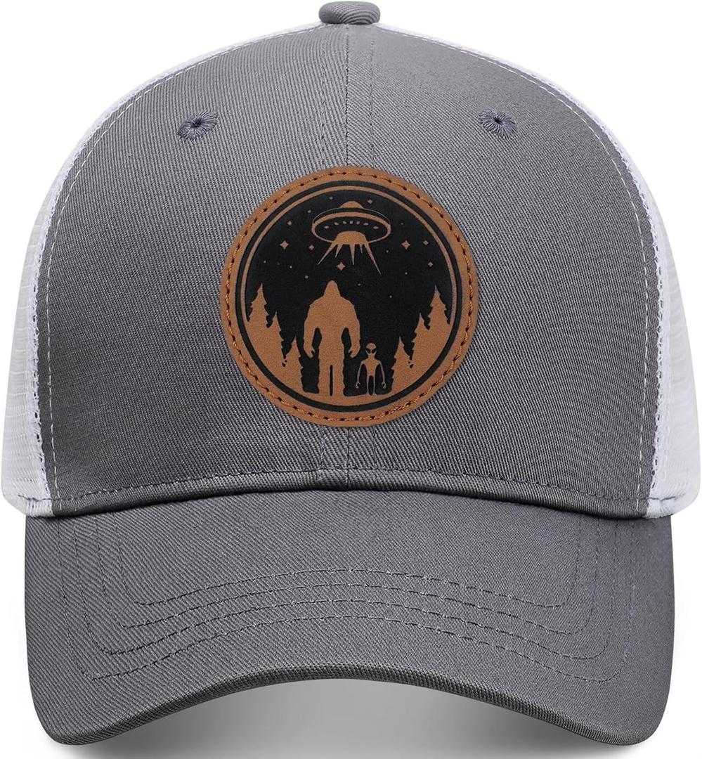 Bigfoot Sasquatch Gifts, Snapback Trucker Hats Cap Leather Patch Big Foot Gifts for Dad Men Bigfoot Lovers (Gray)