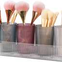 DASITON Makeup Brush Holder Organizer with 4 Cup, Vintage Striped Make Up Brush Holder for Vanity, Bathroom Toothbrush Holders, Acrylic Cosmetic Brushes Storage Organizer Pen Holder (Clear+Multicolor)