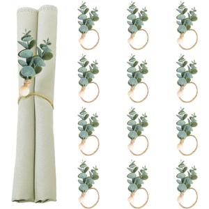 Defined Deco Napkin Rings Set of 12, Rustic Farmhouse, Boho Green Leaf Napkin Rings for Spring Summer, Thanksgiving Christmas,