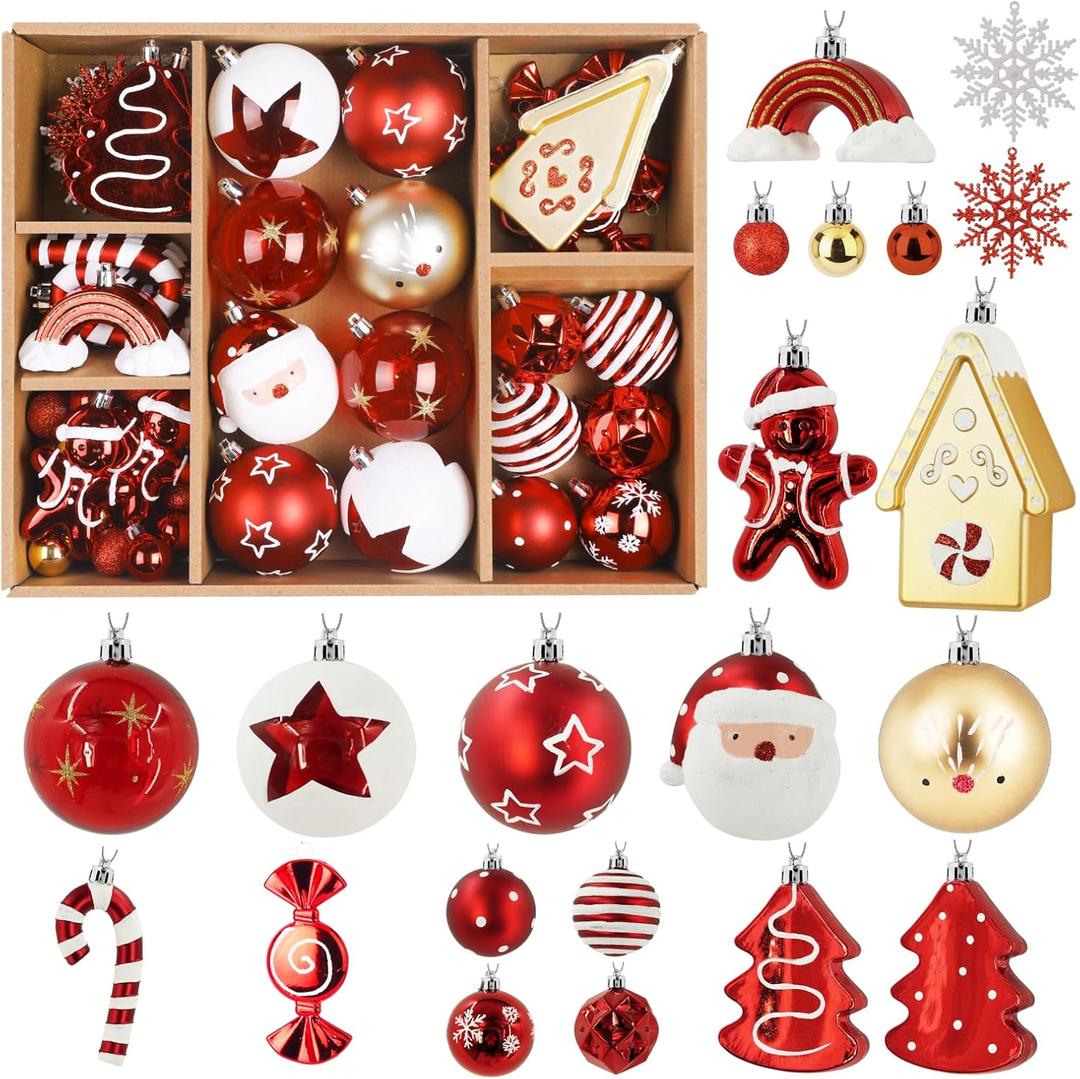 Alupssuc 65pcs Christmas Balls Ornaments Set, Shatterproof Plastic Baubles Gingerbread House, and Tree Topper for Xmas Tree Holiday Wedding Party Decorations with Hanging Strings, Gold & Red, White