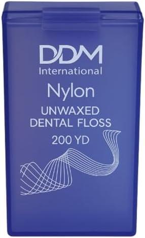 DDM International Nylon Unwaxed Dental Floss - with Dispenser Box 200 Yards Plaque Removal Translucent Purple Case - Teeth & Gum Protection for Adults