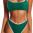 SUUKSESS Women High Waisted 2 Piece Bikini Set Cheeky High Cut Bandeau Swimsuit (Small, 61 Green White)