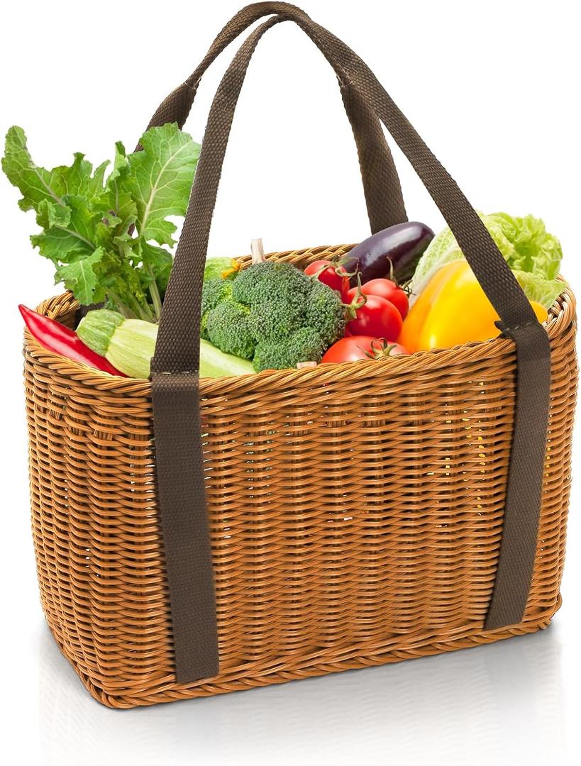 Wicker Shopping Basket with Handle, 15" x 10" x 7" Hand-Woven Picnic Basket, Open Top Market Harvest Basket for Food Storage, Kitchen Organization, Home Decor, Camping, Easter Eggs, Gifts