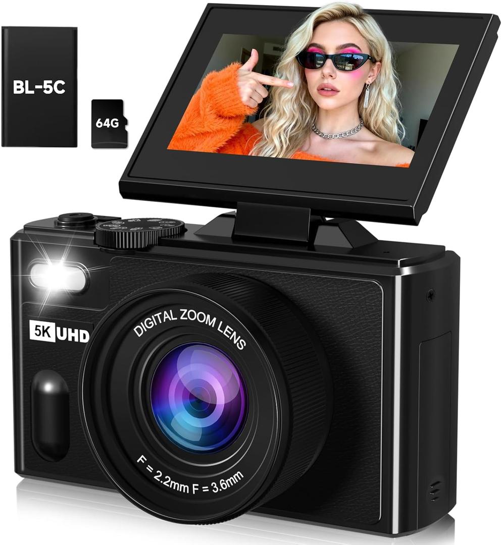 5K Digital Camera,80MP Cameras for Photography with 64GB SD Card,Autofoucs Vlogging Camera for YouTube with 180° Flip Screen,18X Zoom,Anti-Shake Compact Vlog Travel Camera for Beginner,Teens,Black