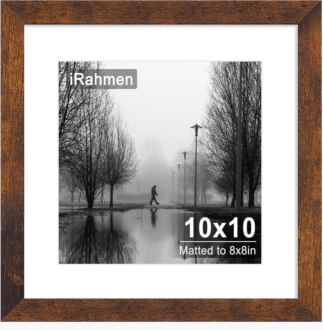 iRahmen 10x10 Picture Frame with HD Tempered Glass, Display Pictures 8x8 with Mat or 10 x 10 Without Mat, Wood Photo Frames for Tabletop and Wall Mount (Dark Brown, 1 Pack)