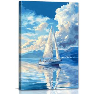 Ocean Canvas Wall Art Sea Sailboat Picture Prints Abstract Seascape Paintings for Living Room Bedroom Office Bathroom Decor Framed(Ocean-5,16.00" x 24.00")