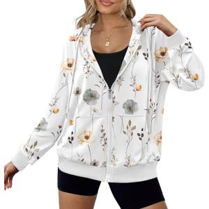 Zeagoo Women's Lightweight Hoodies Full Zip Up Oversized Sweatshirts with Pockets Long Sleeve Thin Casual Hooded Jackets (Floral Printed, Large)