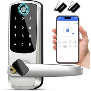 Smart Door Lock with Handle,Keyless Entry Door Locks, 8-in-1 Fingerprint Keypad Exterior Lock - Smart Locks for Front Door - Digital Electronic Smart Lock with Code & APP Control (Silver)