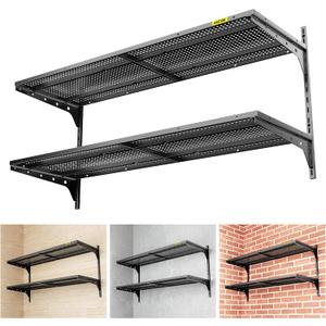 Aecxm 1pack2 Tier 1.3x4ft Garage Shelving Wall Mounted, 260lbs Load Capacity15.6x48inch per Shelf Height Cassette Adjustable Floating Shelves, Black, 2pack-1.3x4ft