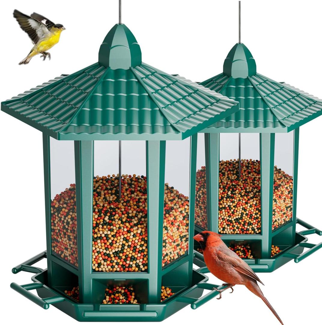 Birdream 2 Pack Bird Feeders for Outdoor Hanging, Retro Pagoda Design Fun Installation Bird Feeder, Attracting Wild Birds Chickadees Goldfinches Cardinals Finches and Sparrows - Green