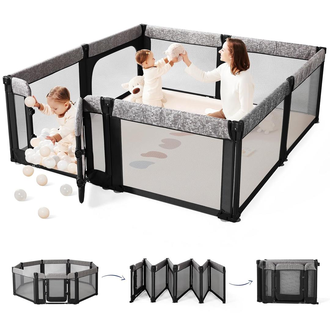 Sweeby Foldable Baby Playpen, 71x59 Playpens for Babies and Toddlers Large Play Yard with Door Baby Fence with Gate and Indoor & Outdoor Play Pen, Black