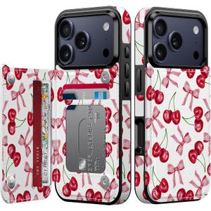 FUNMIKO for iPhone 17 Pro Max Wallet Case with Card Holder, RFID-Blocking, Military-Grade Drop Protection & Floral Animal Design, Magnetic Closure with Leather Kickstand - Cherry and Bows