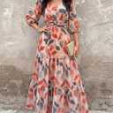 CHICME Womens Summer Boho Maxi Dress V Neck 3/4 Puff Sleeve Floral Flowy Wedding Guest Vacation Beach Long Dress (L)