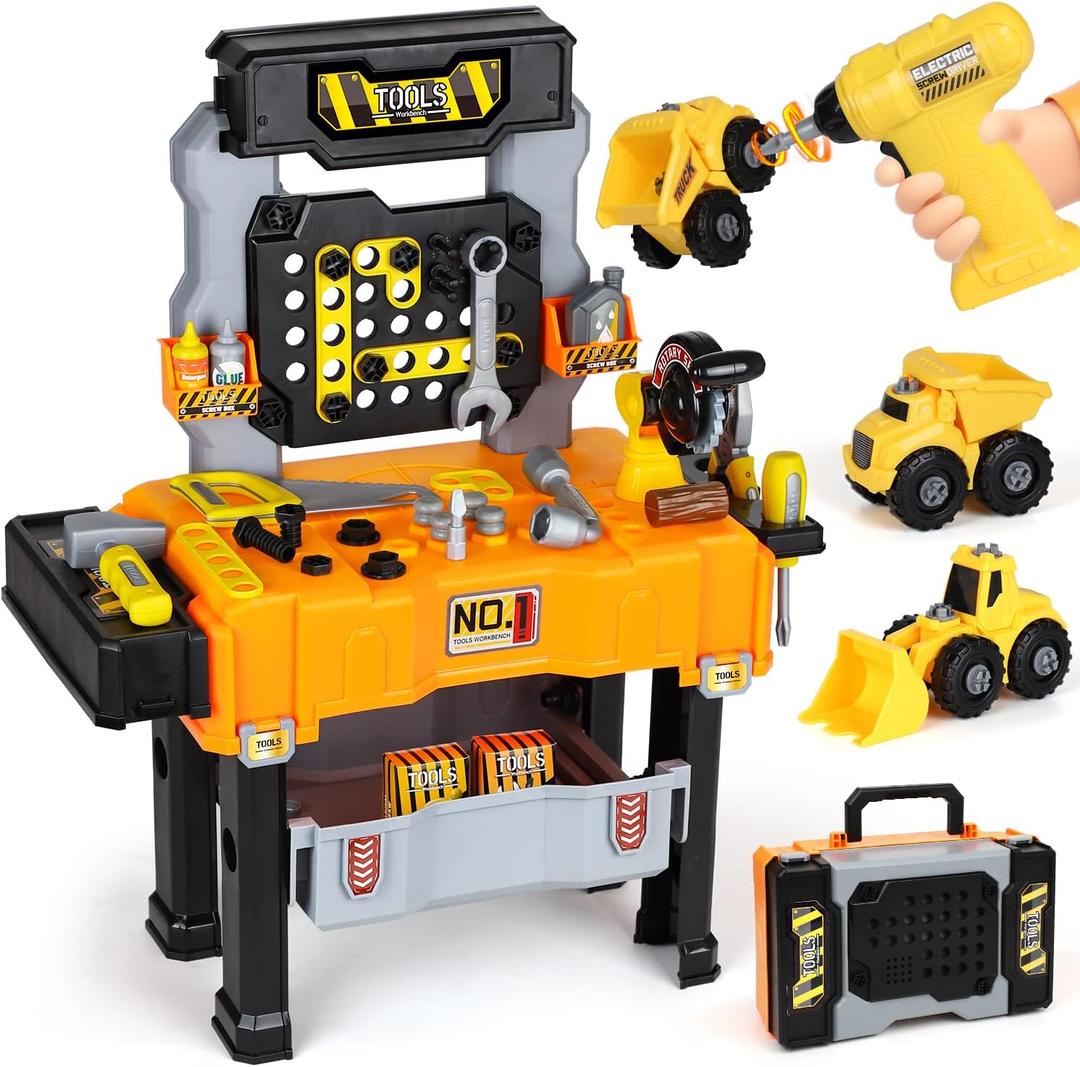 Lehoo Castle Kids Tool Bench with Electric Drill and Construction Vehicles, 2-in-1 Workbench and Toolbox for Toddlers, STEM Learning Toys for Age 3-5, Birthday Gift for Boys & Girls (24.6" Tall)