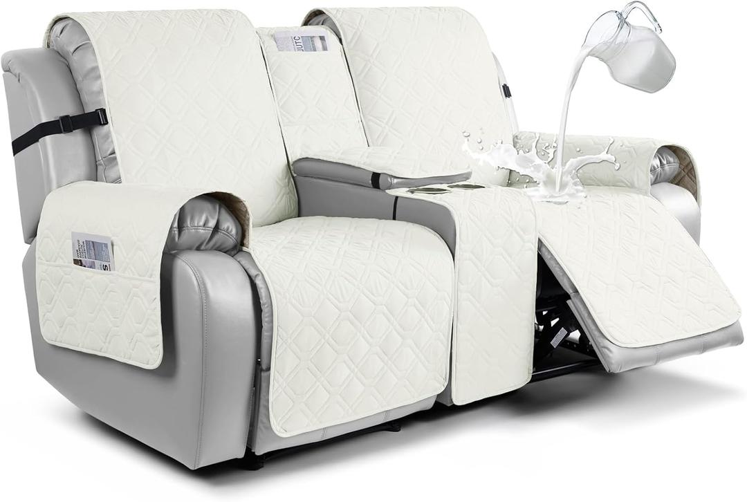 VANSOFY Loveseat Recliner Cover with Console 100% Waterproof Sofa Slipcovers Non-Slip Reclining Couch Cover Split Sofa Covers Furniture Protector for Pets, Dogs(Off White) (2 Seater+Console)