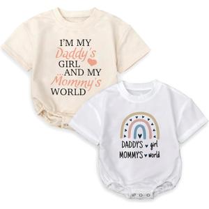 2Pcs Baby Girl Romper for Fathers Day, Daddys Girl & Mommys World Outfit, Bodysuit Short Sleeve Infant for 0-24 Months (12-18 Months, Multicolor)
