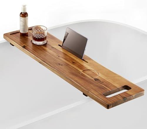 Tinamo Acacia Bathtub Caddy Tray Table | 39 x 9.75 x 2.5 Inch Large Bath Tub Tray Wooden | Anti-Tipping, Sustainable Tub Tray for Bathtub | Bathtub Accessories Holders for Bathtub (Acacia, 39x9.75)