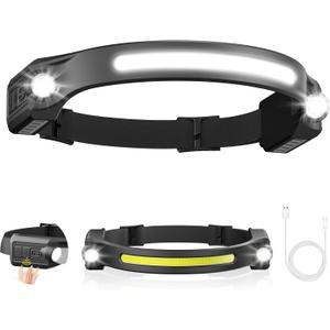 AlpsWolf LED Headlamp Rechargeable, 2 XPE LED and COB LED Head Lamp, Sensor Mode, 260 Wide Beam, IPX4 Waterproof, Rechargeable Headlight for Camping Accessories (Pack of 1)