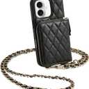LAMEEKU for iPhone 17 Wallet Case with Strap, Card Holder Quilted Crossbody Leather Zipper Cover for Women 6.3'' Black