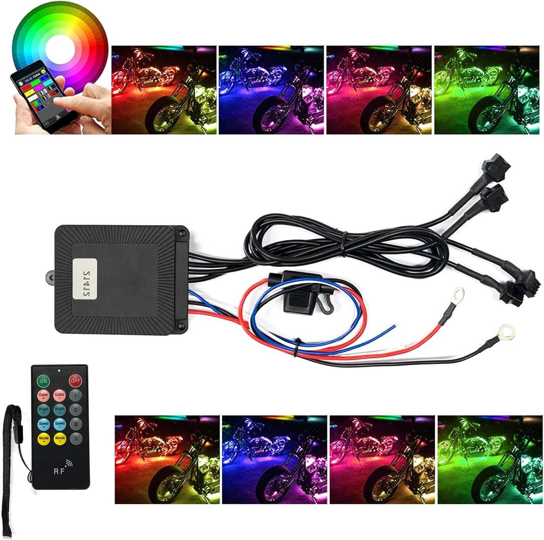 New LED Controller,APP RF Remote Multi-Zone Control for Motorcycle LED Accent Strip Light,Rock Lights with Brake Courtesy Function,12 DIY Modes,Music Function,DC 12V