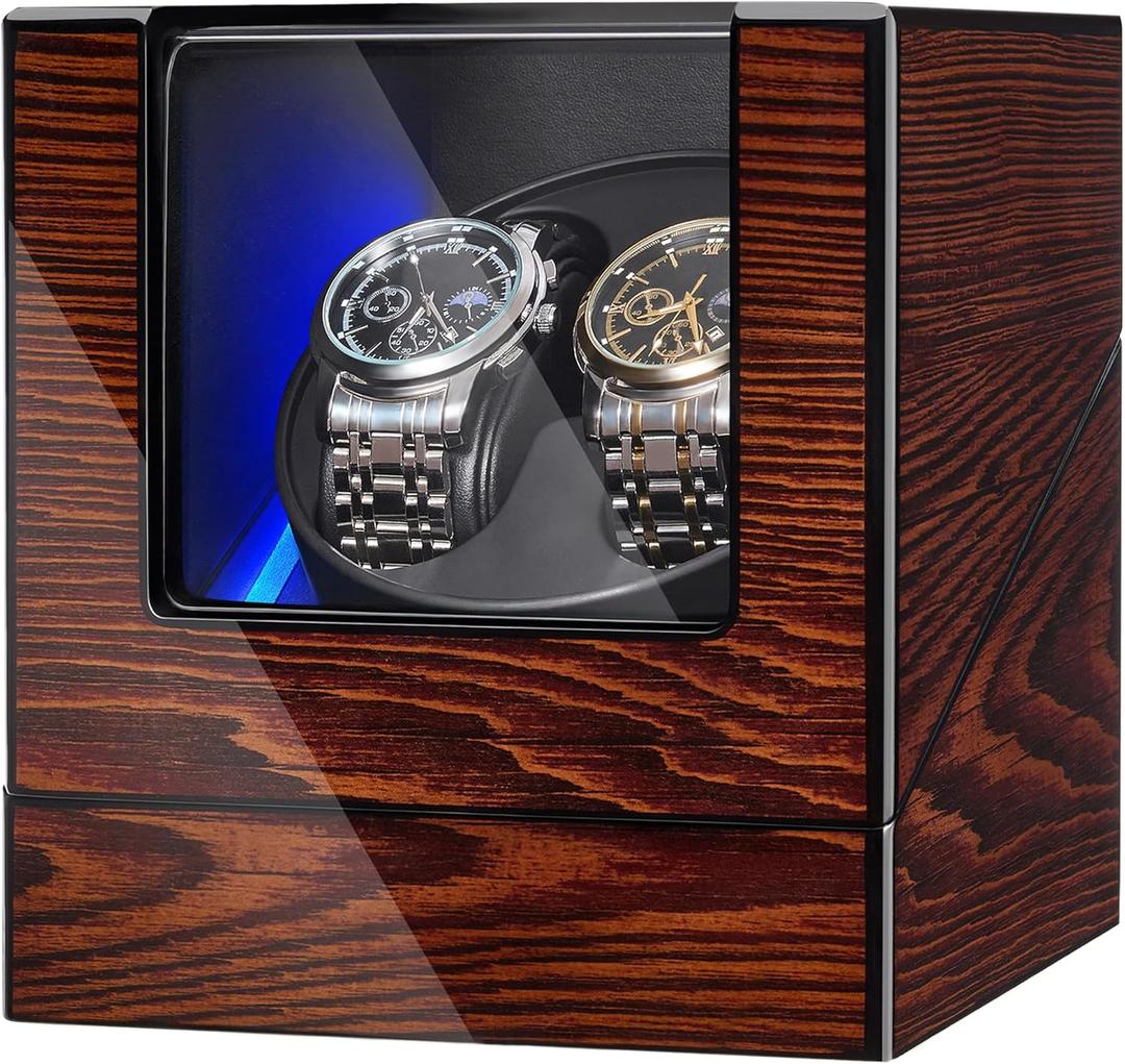 BEWISHOME Watch Winder for Automatic Watches, Automatic Watch Winder Box Watch Spinner with LED Light, Double Watch Winder with Quiet Motor Wooden 4 Modes Battery or Type-C Adapter, Brown SYQ02Y