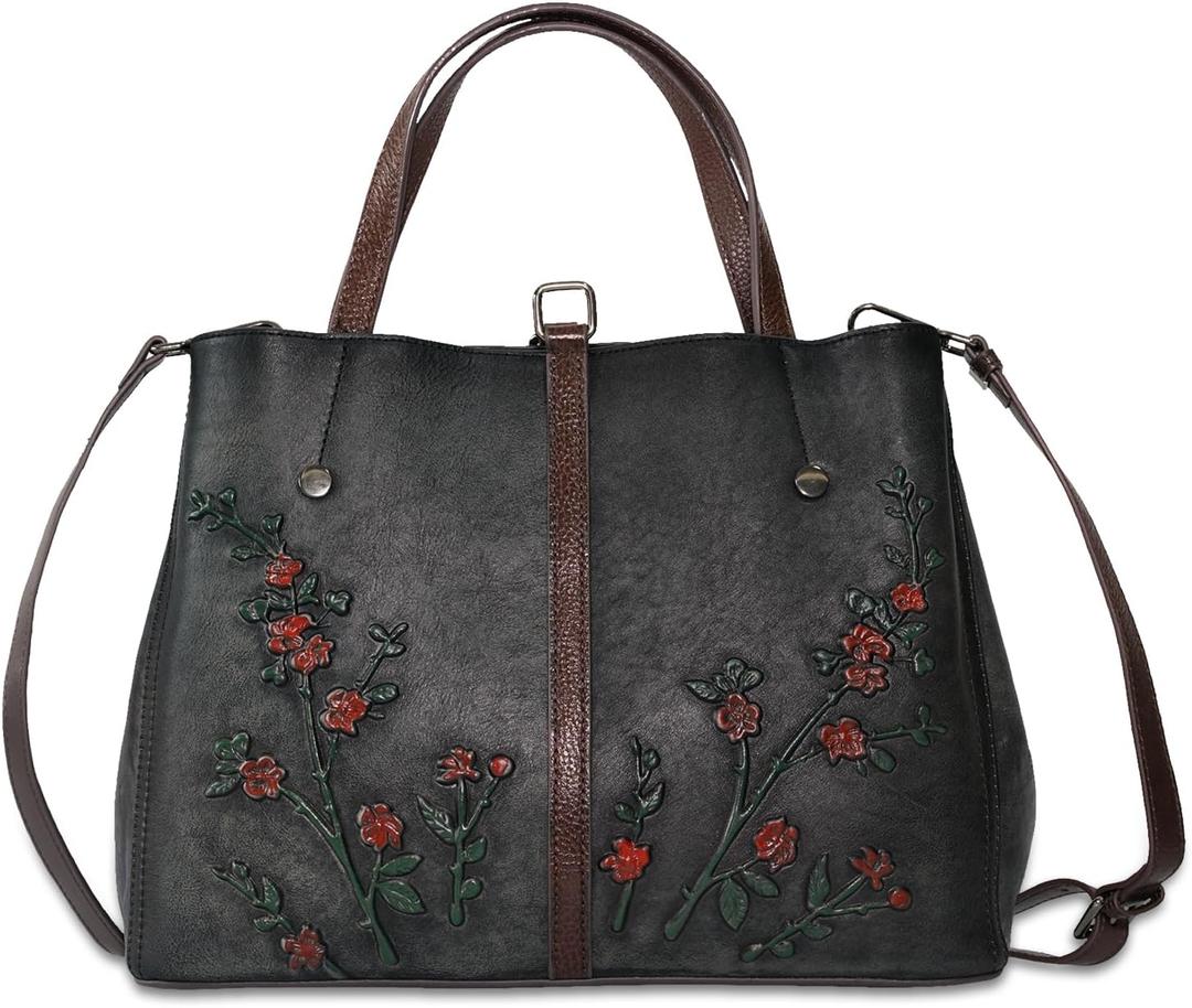 Genuine Leather Satchel for Women Top Handle Bags Handmade Purse Vintage Embossed Leather Crossbody Handbags Hobo Bag (Black-2)