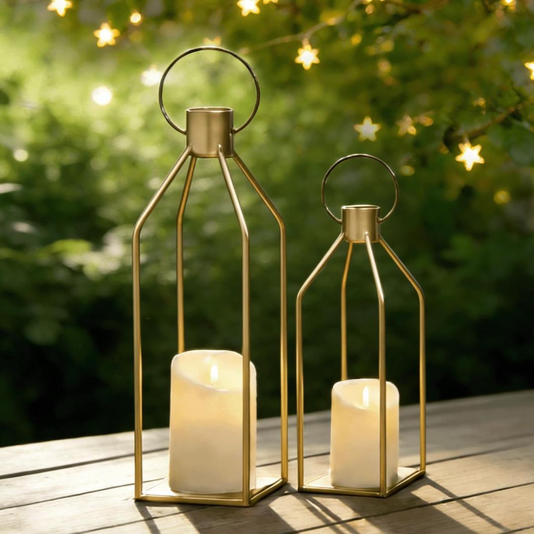 2 Pcs Lanterns Decorative Indoor, Set of 2 Gold Metal Candle Lantern Modern Farmhouse Lanterns Decorative for Home Decor, Mantle, Patio, Porch, Garden