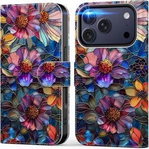 DEENAKIN for iPhone 17 Pro Wallet Case with Card Holder + Cash Clip, RFID-Blocking, Military-Grade Protection & UV-Printed Artwork, Magnetic Closure with Leather Kickstand - Vibrant Defined Blossoms