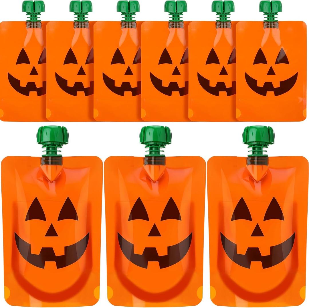 Mimorou 27 Pcs 5 oz Halloween Pumpkin Juice Pouches Orange Halloween Jack O Lantern Plastic Reusable Leak Proof Juice Pouch for Party Gift, Travel, Sports