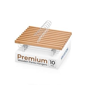 SMARTOR Natural Wooden Pants Hangers 10 Pack, Heavy Duty Wood Skirt Hangers with 2-Adjustable Clips and 360° Swivel Hook, Space Saving Clip Hanger for Shorts, Slacks, Jeans, Trousers
