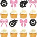 24 Pack Glitter Bows and Tyre Dessert Cupcake Toppers Burnouts Boy or Girl Cupcake Picks Gender Reveal Cake Decorations for Baby Shower Happy Birthday Party Decorations